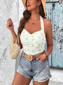 SHEIN VCAY Talla grande Top halter con estampado floral fruncido
