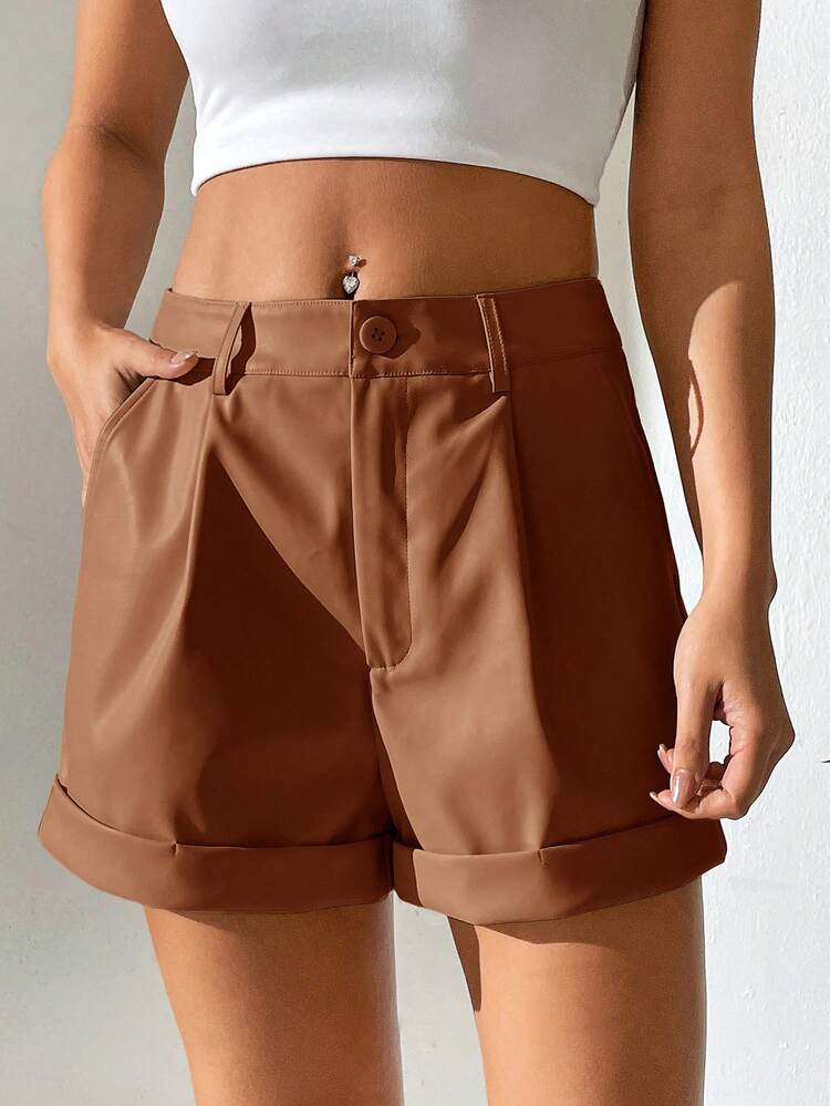 High Waist Roll Up Hem PU Shorts