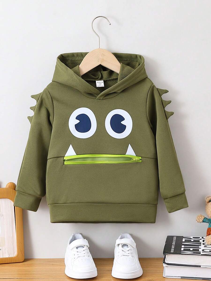 SHEIN Young Boy Cartoon Graphic Zipper Detail Hoodie - Army Green - View 1
