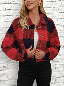 SHEIN LUNE Buffalo Plaid Print Drop Shoulder Teddy Jacket - Red - View 3