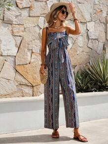 SHEIN VCAY 幾何印花前打結吊帶連體褲