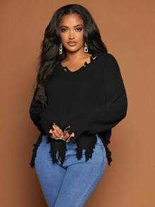 SHEIN SXY Drop Shoulder Distressed Asymmetrical Hem Sweater,Long Sleeve Tops In Fall/Winter - Black - View 5