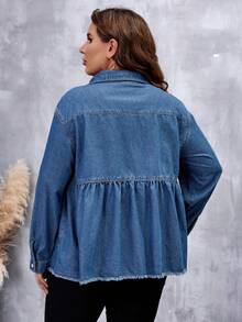 SHEIN LUNE Hơn Túi có nắp Raw Hem Áo sơ mi denim - Rửa trung bình - Xem 2