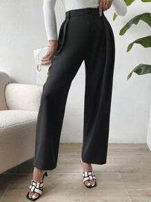 SHEIN Essnce Plicated Detail Straight Leg Pants - Black - View 6