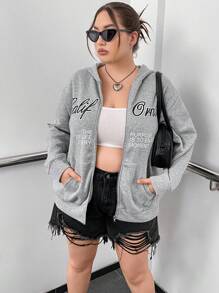 Flirla Plus Size Slogan Graphic Zip Up Drop Shoulder Sweatshirt - Grey - View 1
