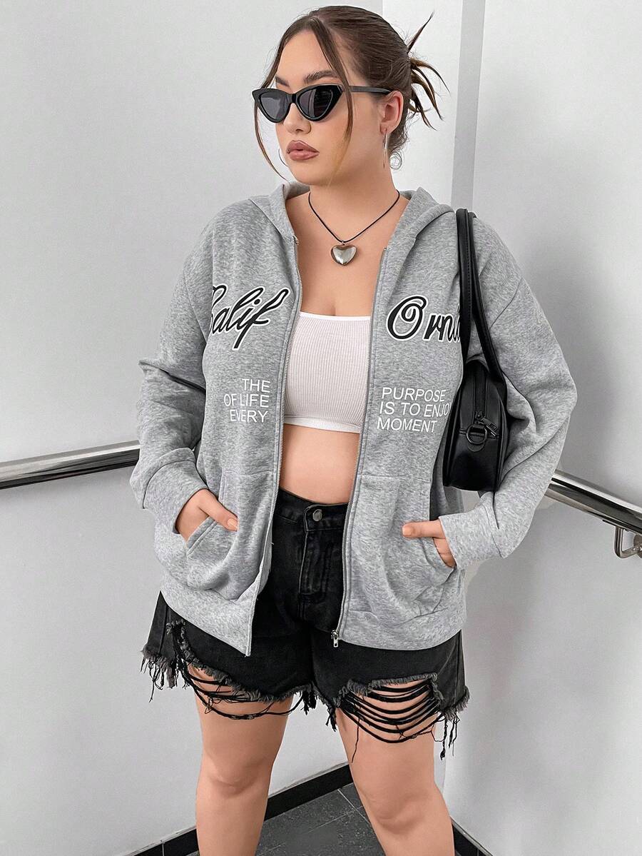 Flirla Plus Size Slogan Graphic Zip Up Drop Shoulder Sweatshirt - Grey - View 1