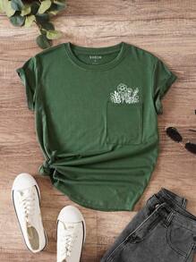 SHEIN EZwear Plants Print Pocket Patched Tee - Dark Green - View 1