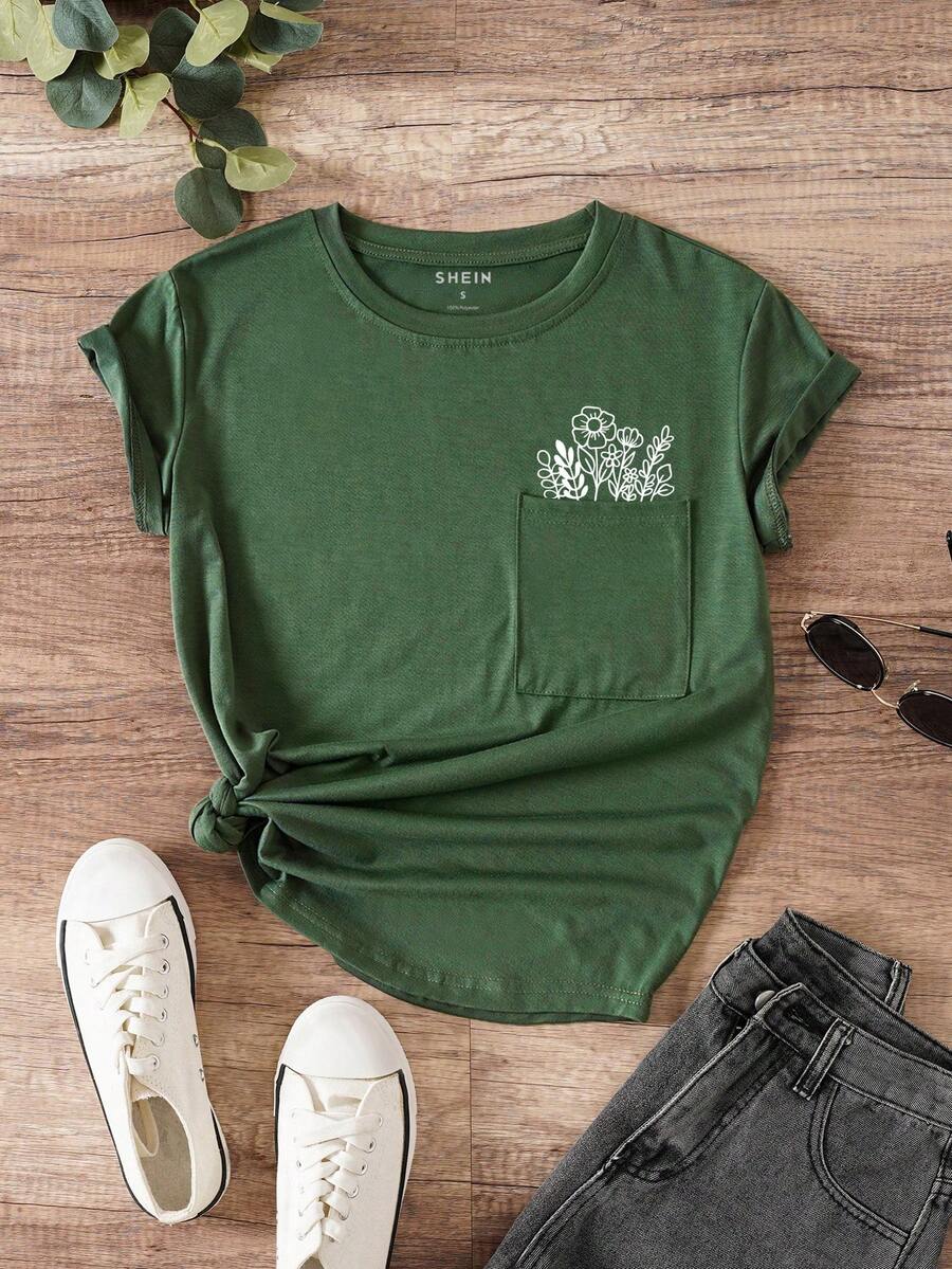 SHEIN EZwear Plants Print Pocket Patched Tee - Dark Green - View 1
