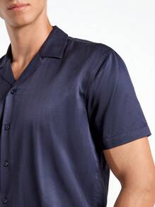 SHEIN Cottnline Men Solid Lapel Collar Shirt - Navy Blue - View 6