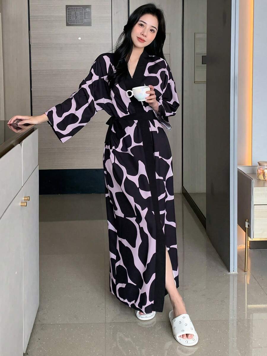 DAZY Allover Print Drop Shoulder Belted Robe - Pink - View 1