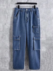 Manfinity EMRG Loose Fit Men's Cargo Jeans With Flap Pockets And Side Pockets - Blue - View 1