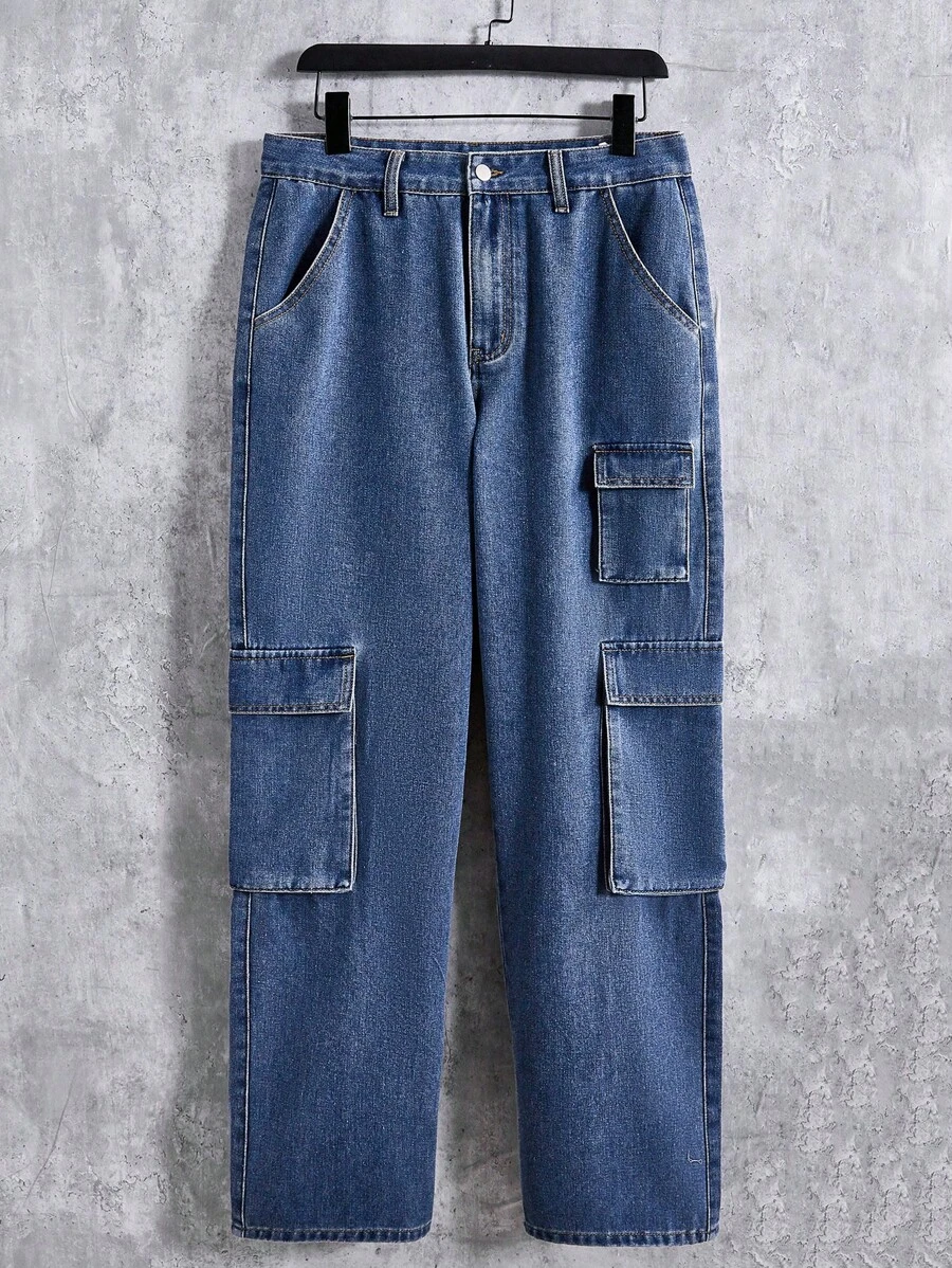 Manfinity EMRG Loose Fit Men's Cargo Jeans With Flap Pockets And Side Pockets - Blue - View 1