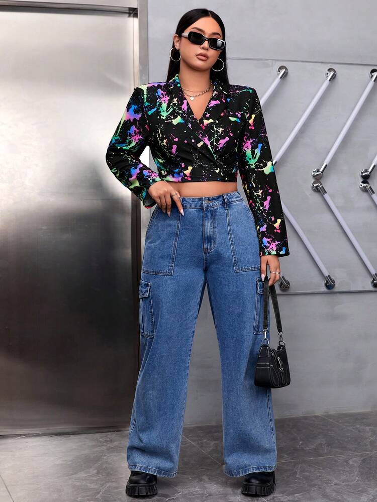 Plus Splash Ink Print Crop Blazer