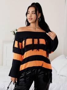 Calvaya Plus Striped Pattern Foldover Off Shoulder Fringe Trim Sweater Knit Pullover Fall Winter Sweater - Orange - View 1