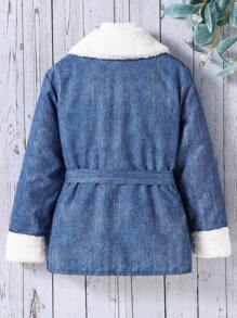 SHEIN 少女冬季Borg毛領配帶外套，不包含毛衣 - 藍色 - 查看 2