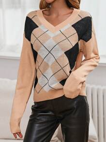 SHEIN LUNE Argyle Pattern Drop Shoulder Sweater - Multicolor - View 3