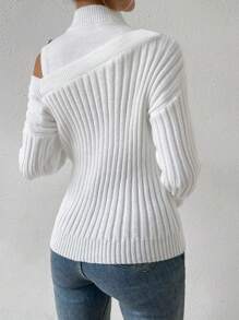 Chiquease Mock Neck Cut Out Shoulder Ribbed Knit Sweater - White - View 2