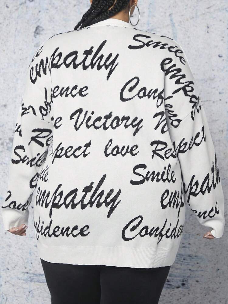 Plus 1pc Letter Pattern Drop Shoulder Button Front Cardigan