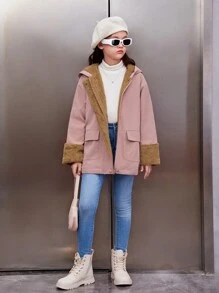 SHEIN Áo khoác trùm đầu thường ngày phong cách đại học cho bé gái tuổi mới lớn có lót nhiệt, mùa thu và mùa đông - Hồng - Xem 3
