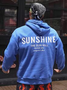 Manfinity EMRG Lỏng lẻo phù hợp Nam Đồ họa Khẩu hiệu Túi kangaroo Dây rút Hoodie - Màu xanh lam - Xem 3