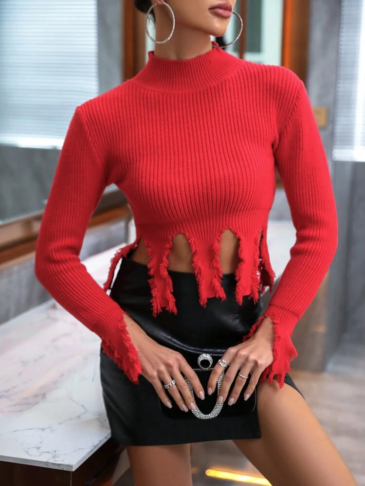 Mock Neck Asymmetrical Raw Hem Crop Knit Pullover Fall Winter Sweater