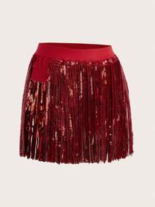 SHEIN ICON Sequin Fringe Trim Skirt - Red - View 4