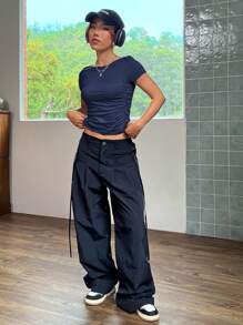 SHEIN EZwear 夏季純色褶皺短版 T 卹 - 藏蓝色 - 查看 6