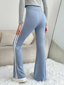 SHEIN Teen Girls Contrast Side Seam Flare Leg Pants - Dusty Blue - View 2