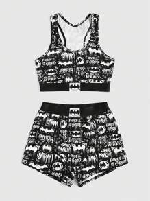 Batman X ROMWE Cartoon Graphic PJ Set, School - Multicolor - View 4