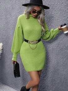 EMERY ROSE Turtleneck Drop Shoulder Sweater Dress Without Belt Fall Winter Cloth For Women - Green - View 6