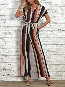 SHEIN LUNE In sọc Thắt lưng Áo liền quần ống rộng - Nhiều màu - Xem 3