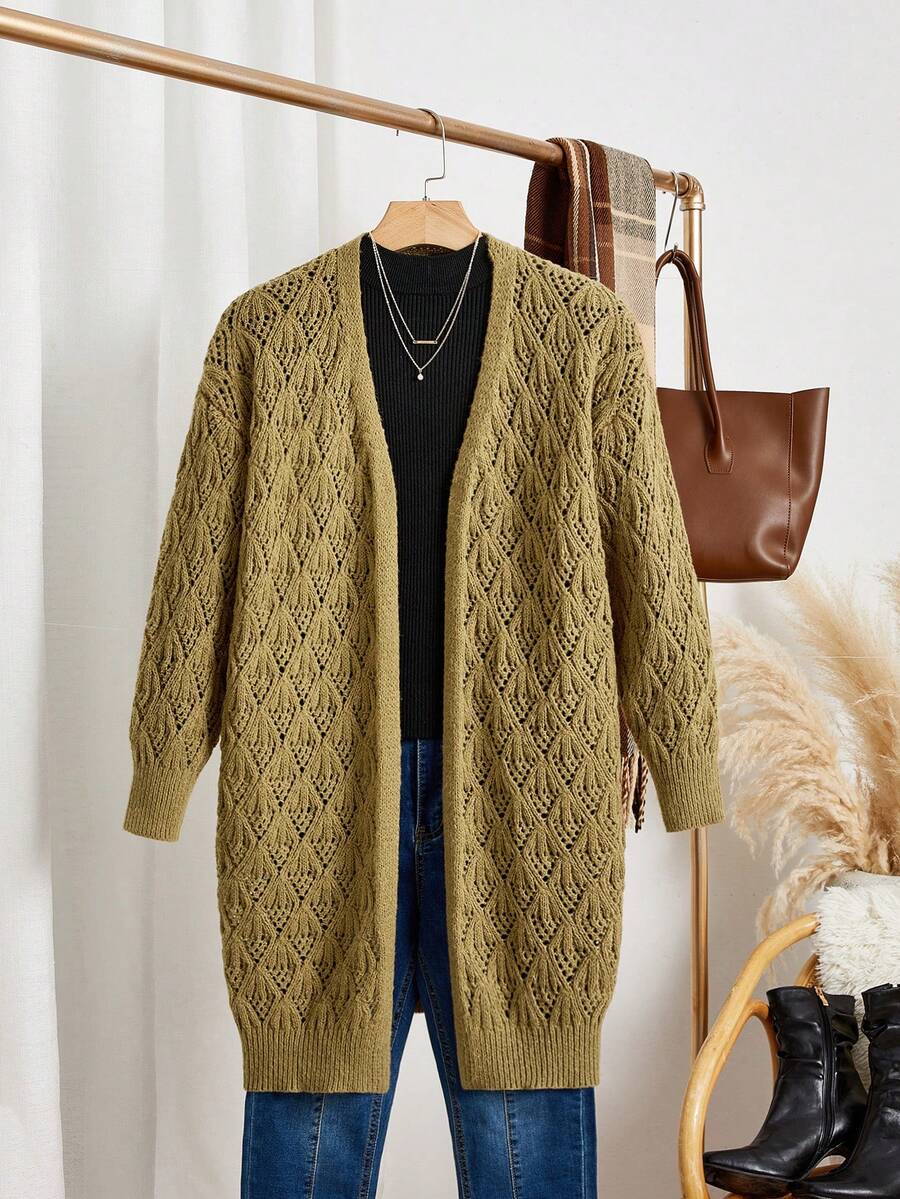 SHEIN Frenchy Solid Drop Shoulder Cardigan - Camel - View 1