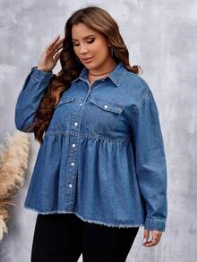 SHEIN LUNE Hơn Túi có nắp Raw Hem Áo sơ mi denim - Rửa trung bình - Xem 4