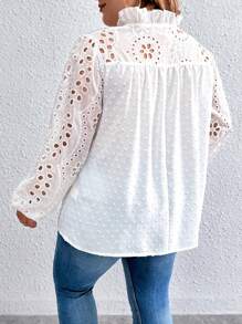 Calvaya 大碼圓點褶邊燈籠袖襯衫 - 白色 - 查看 2