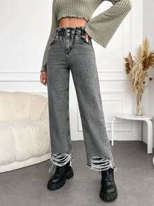 SHEIN Cottnline Paperbag Waist Ripped Raw Hem Straight Leg Jeans - Grey - View 5