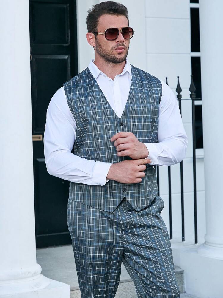 Men Plus 1pc Plaid Waistcoat