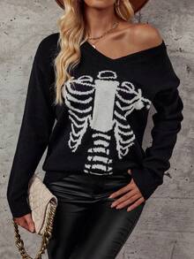 SHEIN LUNE Mô hình bộ xương Thả vai Áo len - Đen và trắng - Xem 5