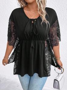 SHEIN Unity Hơn Ren tương phản Cà vạt Xoay eo Áo thun - màu đen - Xem 6