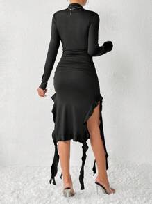 SHEIN Privé Cổ giả Xù Tách đùi Đầm - màu đen - Xem 2