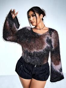 SHEIN ICON 大碼毛茸茸紮染荷葉袖T恤 - 彩色 - 查看 2