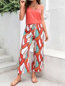 SHEIN VCAY Solid Cami Top & Patchwork Print Wide Leg Pants - Multicolor - View 4