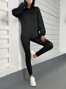 SHEIN Essnce Solid Drop Shoulder Hoodie & Leggings - Black - View 5