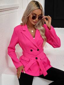 Chiquease Lapel Neck Double Breasted Belted Blazer Fall Cloth For Women - Hot Pink - View 3