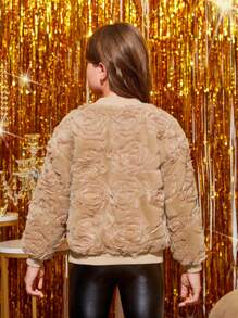 SHEIN Tween Girl 3d Rose  Lantern Sleeve Fuzzy Pullover - Camel - View 2