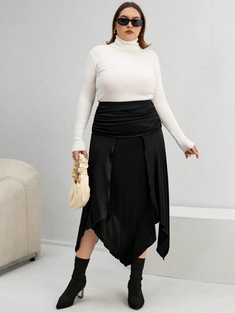 Plus Solid Ruched Asymmetrical Hem Skirt