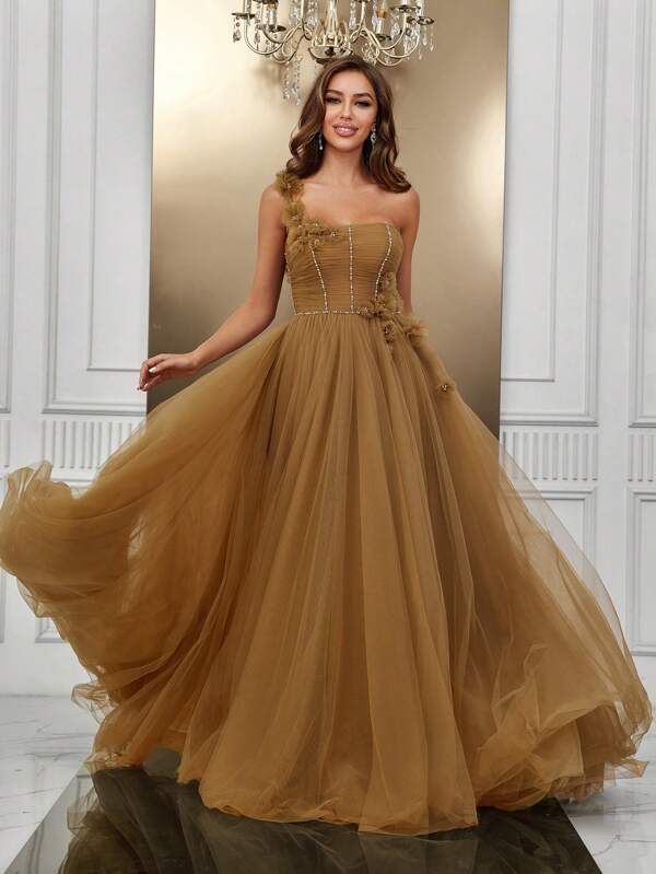 SHEIN Belle Vestido de vestir de un hombro aplique con malla