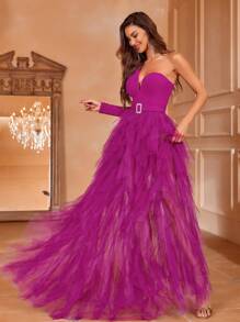 One Shoulder Mesh Overlay Rhinestone Detail Formal Dress - Hot Pink - View 6