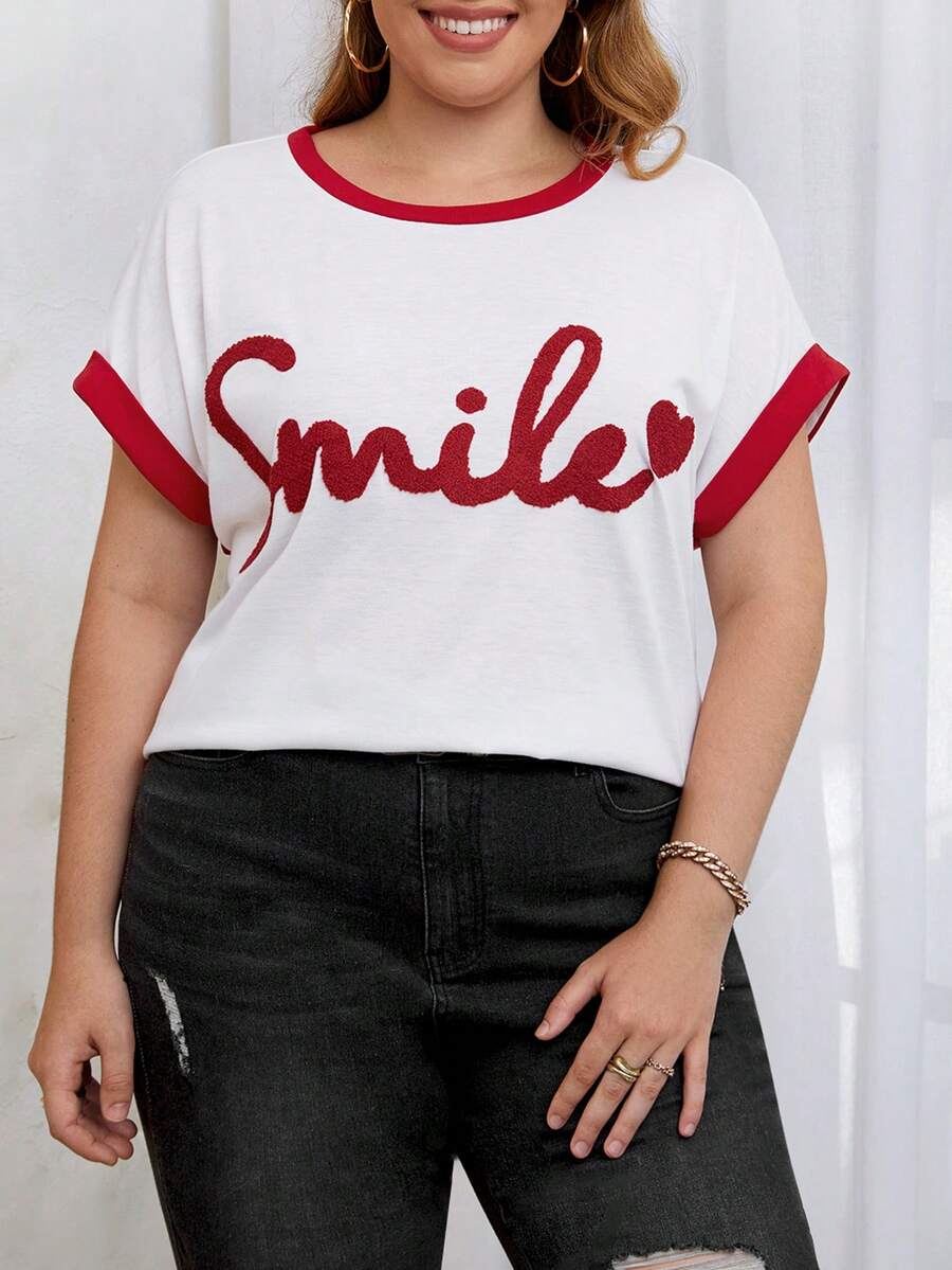 SHEIN Franclia Plus Letter Graphic Contrast Binding Batwing Sleeve Tee - Multicolor - View 1