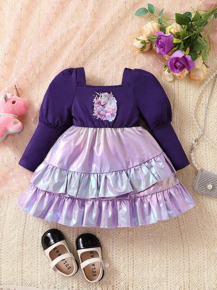 Baby Girl Unicorn Print Gigot Sleeve Ruffle Hem Dress