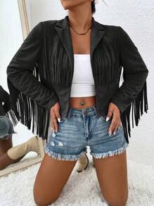 Calvaya Hơn Viền rìa Mở Mặt trước Áo khoác - màu đen - Xem 4